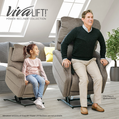 A young girl and an older man relax in large, gray Pride VivaLift Ultra PLR4955 Recliners with Lift Assist, Heat, and Massage. The man uses a remote as sunlight streams through big windows. “VivaLift! Power Recliner Collection” appears above them.