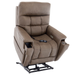 The Pride VivaLift Ultra PLR4955 Recliner with Lift Assist, Heat, and Massage is a brown padded lift chair with cup holder, side pocket, control remote, and footrest. Shown partially raised against a white background.