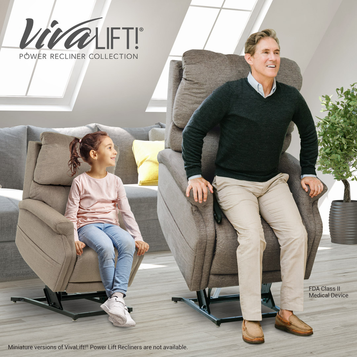 A young girl and an older man relax in large, gray Pride VivaLift Ultra PLR4955 Recliners with Lift Assist, Heat, and Massage. The man uses a remote as sunlight streams through big windows. “VivaLift! Power Recliner Collection” appears above them.