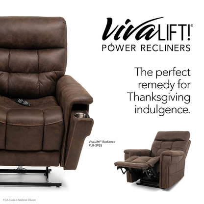 A Pride VivaLift Ultra PLR4955 Recliner with Lift Assist, Heat and Massage in brown is partially reclined with a remote on the armrest. Text: The perfect remedy for Thanksgiving indulgence. Inset shows its True-Infinite Positioning fully reclined.