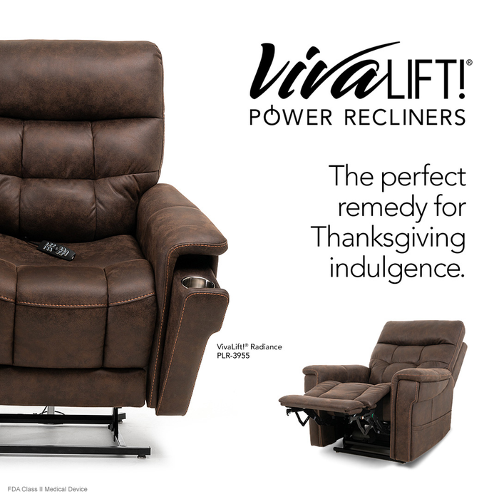 A Pride VivaLift Ultra PLR4955 Recliner with Lift Assist, Heat and Massage in brown is partially reclined with a remote on the armrest. Text: The perfect remedy for Thanksgiving indulgence. Inset shows its True-Infinite Positioning fully reclined.