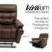 A Pride VivaLift Ultra PLR4955 Recliner with Lift Assist, Heat and Massage in brown is partially reclined with a remote on the armrest. Text: The perfect remedy for Thanksgiving indulgence. Inset shows its True-Infinite Positioning fully reclined.