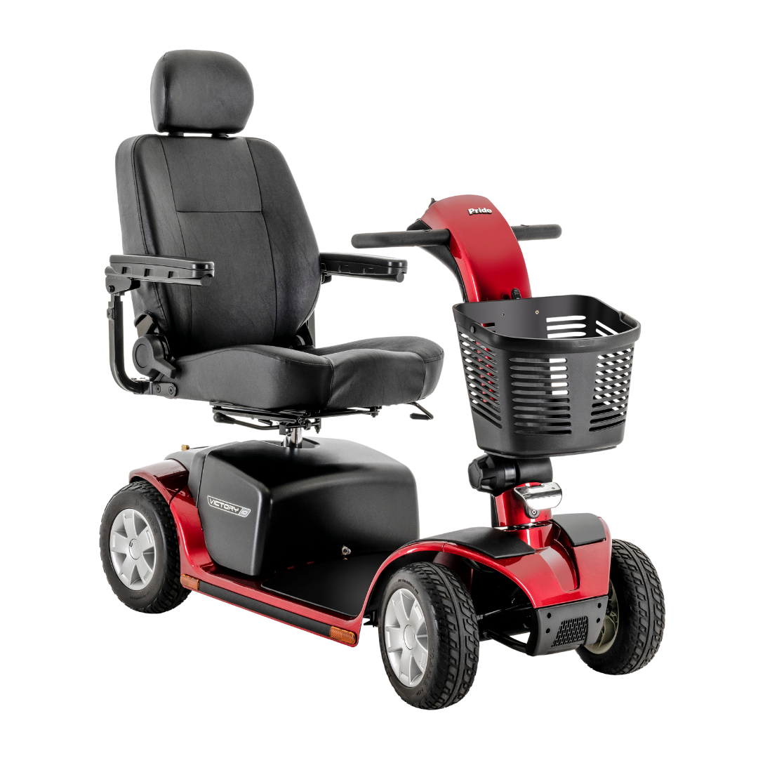 The Pride Mobility Victory® 10 4-Wheel Scooter with EZ Turn in red and black offers a padded seat with armrests and headrest, along with a convenient front basket.