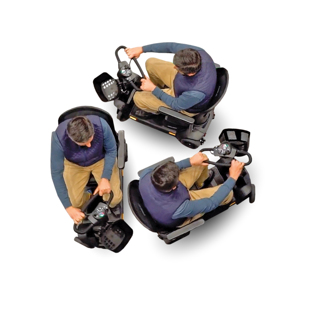 Three overhead views of a man using the Pride Mobility Victory® 10 4-Wheel Scooter with EZ Turn, seated and adjusting the controls, wearing a blue vest, long-sleeve shirt, and khaki pants on a white background.