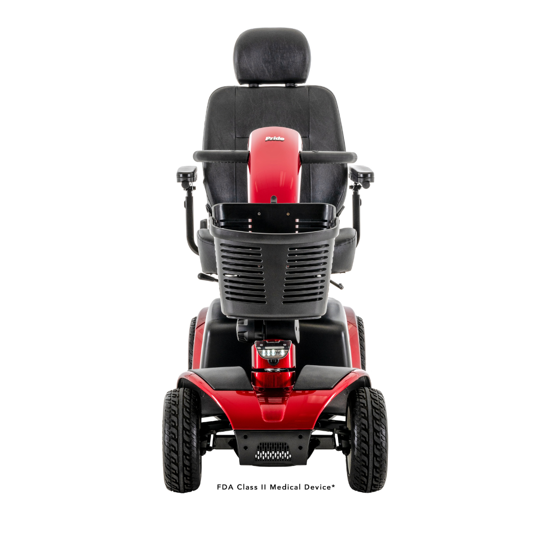 A Pride Mobility Victory® 10 4-Wheel Scooter with EZ Turn, in red and black, featuring a front basket, padded seat, armrests, and headrest is displayed facing forward on a white background.