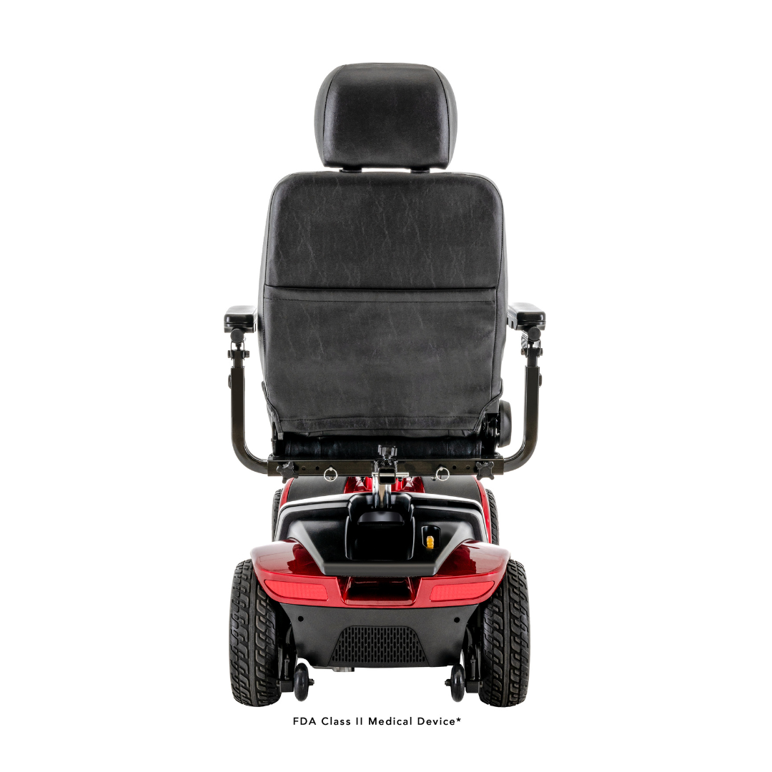 Rear view of a Pride Mobility Victory® 10 4-Wheel Scooter with EZ Turn in red and black, featuring a padded seat, armrests, and large rear wheels, displayed on a white background.