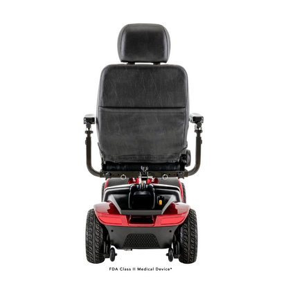 Rear view of a Pride Mobility Victory® 10 4-Wheel Scooter with EZ Turn in red and black, featuring a padded seat, armrests, and large rear wheels, displayed on a white background.