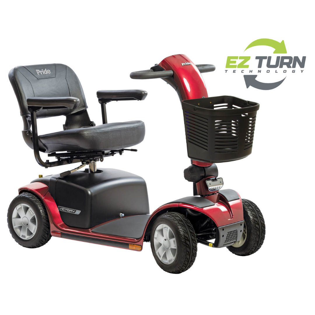 The Pride Mobility Victory® 10 4-Wheel Scooter with EZ Turn is shown in red with a black seat, basket, and armrests next to the EZ TURN Technology logo. This scooter offers easy maneuverability and accessibility.