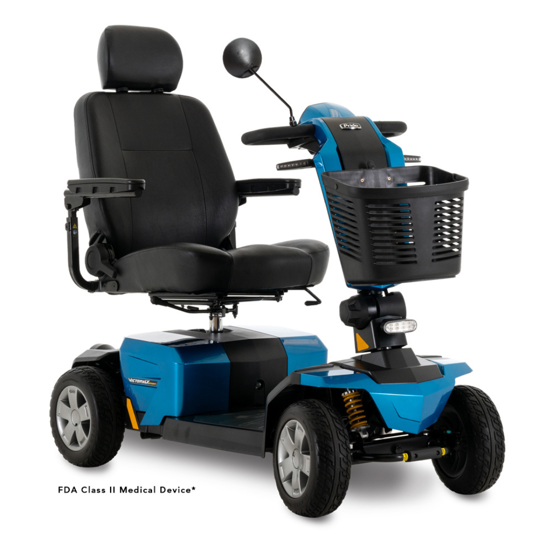 The Pride Mobility Victory LX Sport Scooter features a padded seat, armrests, Comfort-Trac Suspension, front basket, and four wheels for enhanced mobility assistance and comfort. Blue and black design ensures a stylish ride.