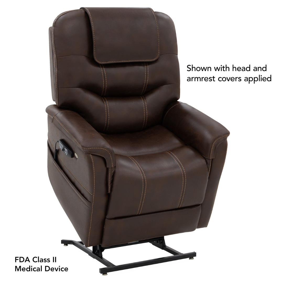 The Pride VivaLift!® Elegance 2 Recliner with Lift Assist in brown leather features head and armrest covers, visible stitching, a side control panel, and luxurious comfort. Text on the image reads: FDA Class II Medical Device.