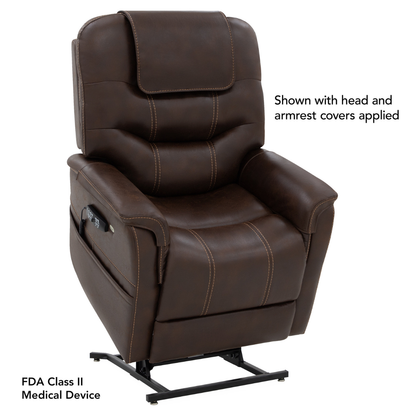 The Pride VivaLift!® Elegance 2 Recliner with Lift Assist in brown leather features head and armrest covers, visible stitching, a side control panel, and luxurious comfort. Text on the image reads: FDA Class II Medical Device.
