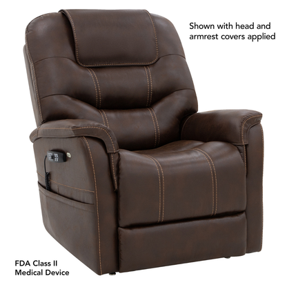 The Pride VivaLift!® Elegance 2 Recliner with Lift Assist in brown leather features visible stitching, head and armrest covers, side pocket, remote control, and is an FDA Class II Medical Device. Shown with head and armrest covers applied.