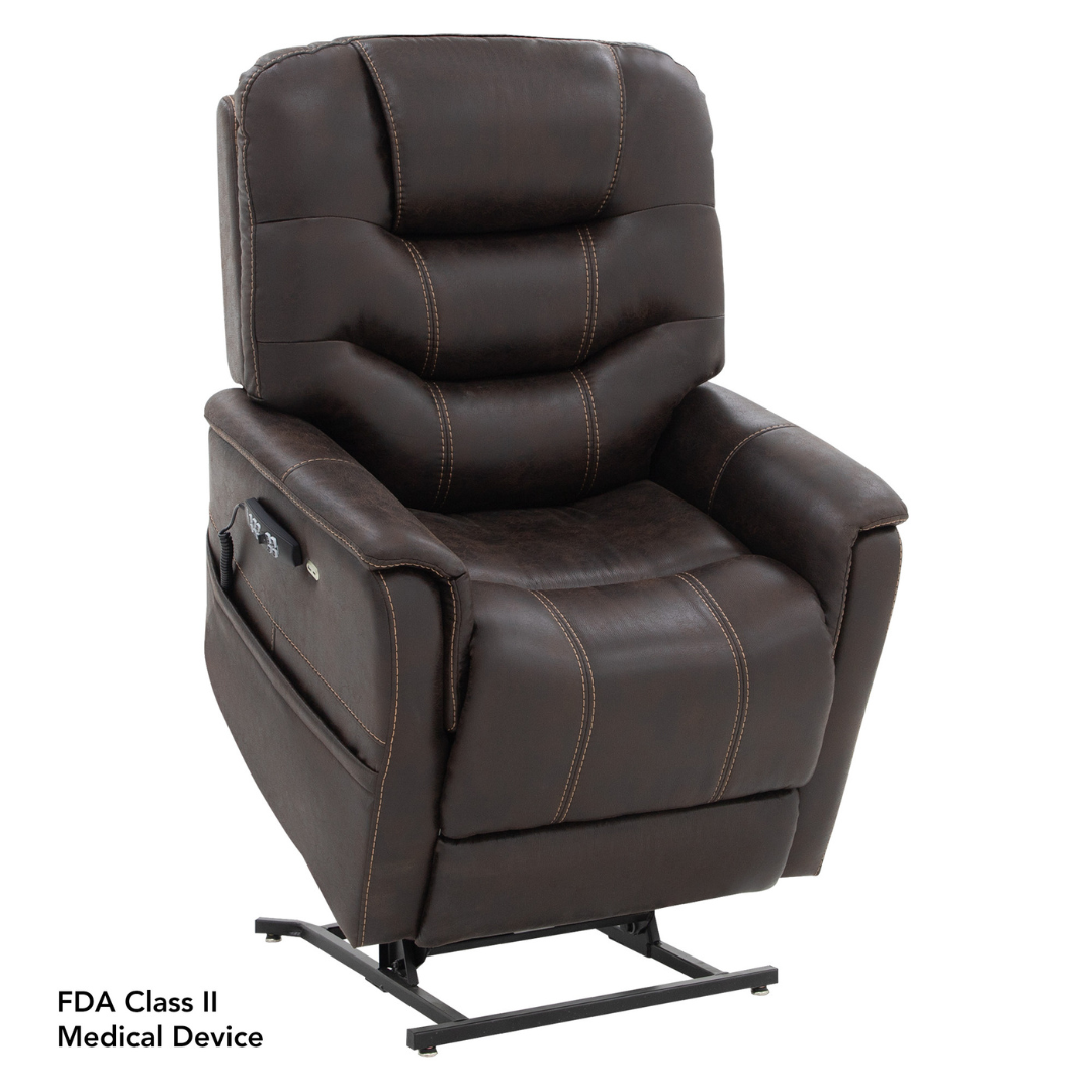 The Pride VivaLift!® Elegance 2 Recliner with Lift Assist features dark brown leather, visible stitching, a side control panel, and a metal base. FDA Class II Medical Device text is shown in the corner for luxurious relaxation.