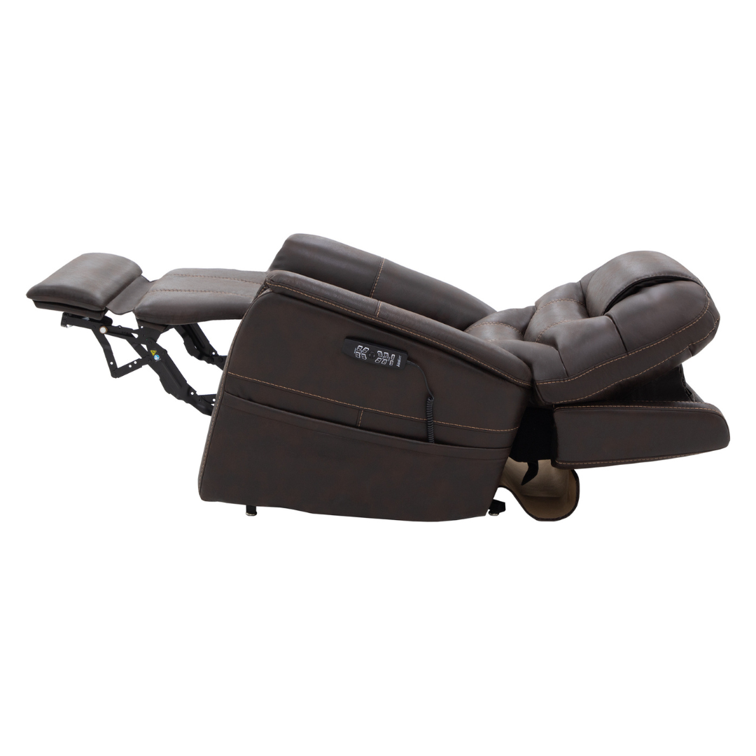 A brown Pride VivaLift!® Elegance 2 Recliner with Lift Assist is fully extended, showing its metal support structure as the footrest is raised and backrest reclined for luxurious relaxation.