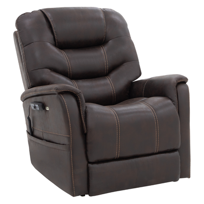 The Pride VivaLift!® Elegance 2 Recliner with Lift Assist features plush dark brown leather, padded armrests, visible tan stitching, a supportive segmented backrest, and remote control storage in a side pocket for luxurious relaxation.