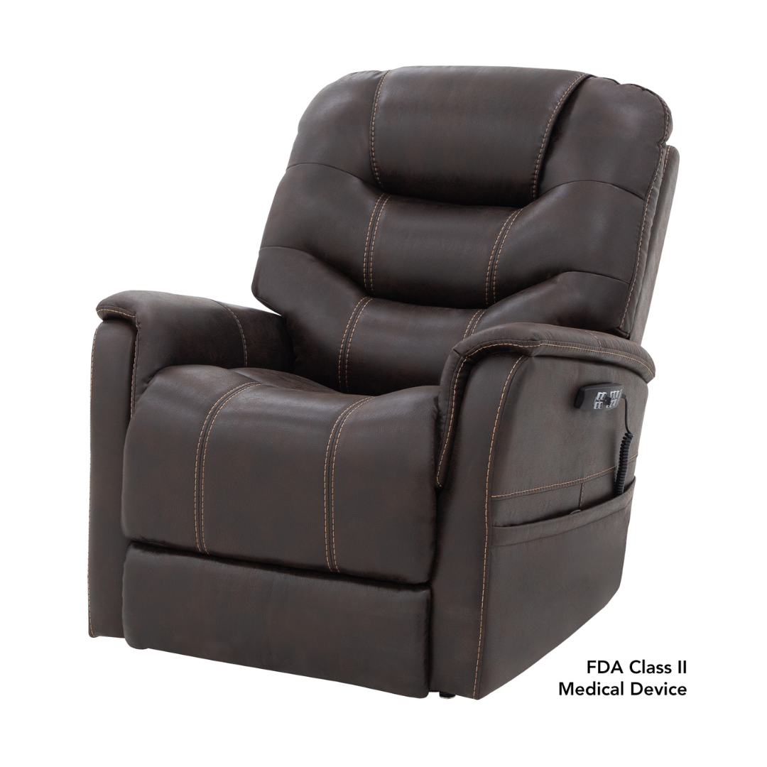 A dark brown leather Pride VivaLift!® Elegance 2 Recliner with Lift Assist features visible stitching, wide padded armrests, and an attached remote control. Text: FDA Class II Medical Device for luxurious relaxation.