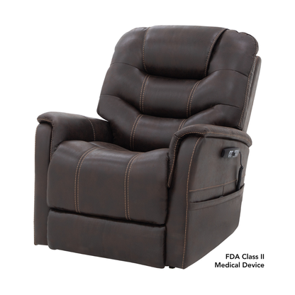 A dark brown leather Pride VivaLift!® Elegance 2 Recliner with Lift Assist features visible stitching, wide padded armrests, and an attached remote control. Text: FDA Class II Medical Device for luxurious relaxation.