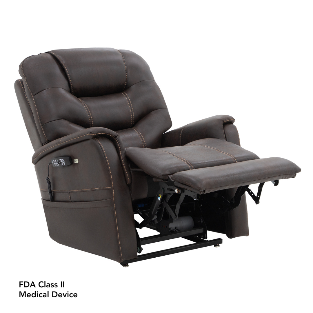 The Pride VivaLift!® Elegance 2 Recliner with Lift Assist in brown leather features padded arms, visible stitching, partial recline with footrest extended, and a remote control in the side pocket. FDA Class II Medical Device: Luxurious relaxation meets advanced comfort.