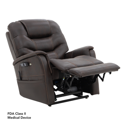 The Pride VivaLift!® Elegance 2 Recliner with Lift Assist in brown leather features padded arms, visible stitching, partial recline with footrest extended, and a remote control in the side pocket. FDA Class II Medical Device: Luxurious relaxation meets advanced comfort.
