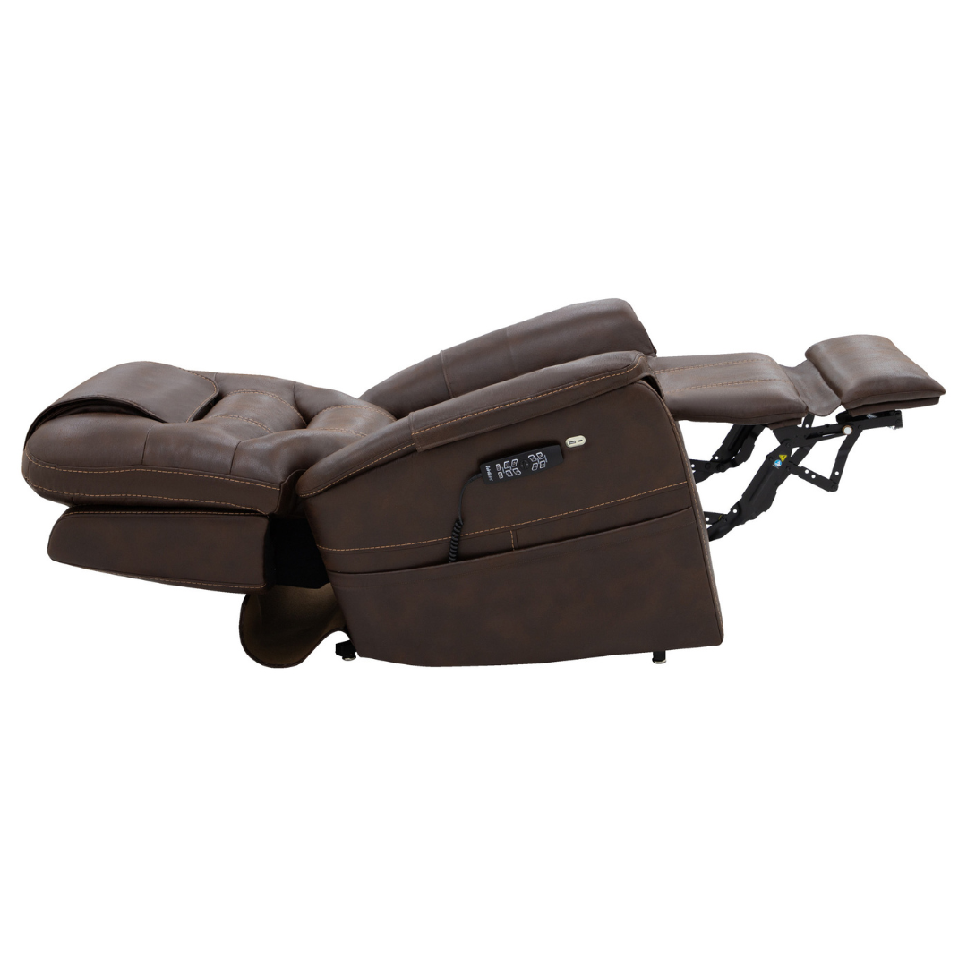 The Pride VivaLift!® Elegance 2 Recliner with Lift Assist is shown fully extended in brown leather, featuring a raised footrest and reclined backrest for luxurious relaxation, with easy-to-use controls visible on the side.