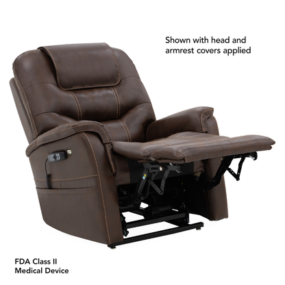 Pride VivaLift!® Elegance 2 Recliner with Lift Assist in brown leather shown partially reclined, featuring head and armrest covers, side pocket, control panel, and designated as an FDA Class II Medical Device.