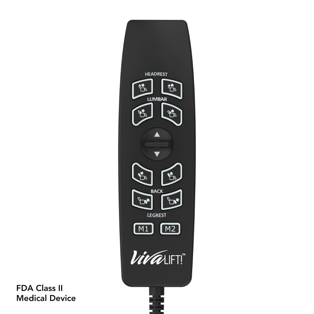 Black remote control for the Pride VivaLift!® Elegance 2 Recliner with Lift Assist. Features labeled buttons to adjust headrest, lumbar, back, and leg rest, plus two memory buttons and central navigation. FDA Class II Medical Device.