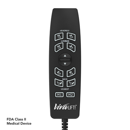 Black remote control for the Pride VivaLift!® Elegance 2 Recliner with Lift Assist. Features labeled buttons to adjust headrest, lumbar, back, and leg rest, plus two memory buttons and central navigation. FDA Class II Medical Device.