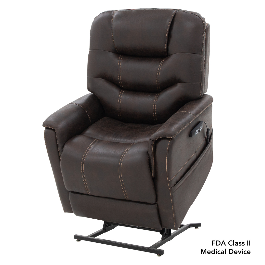 The Pride VivaLift!® Elegance 2 Recliner with Lift Assist features dark brown leather, visible stitching, padded armrests, side remote control, and a sturdy metal lift. Text reads: FDA Class II Medical Device.