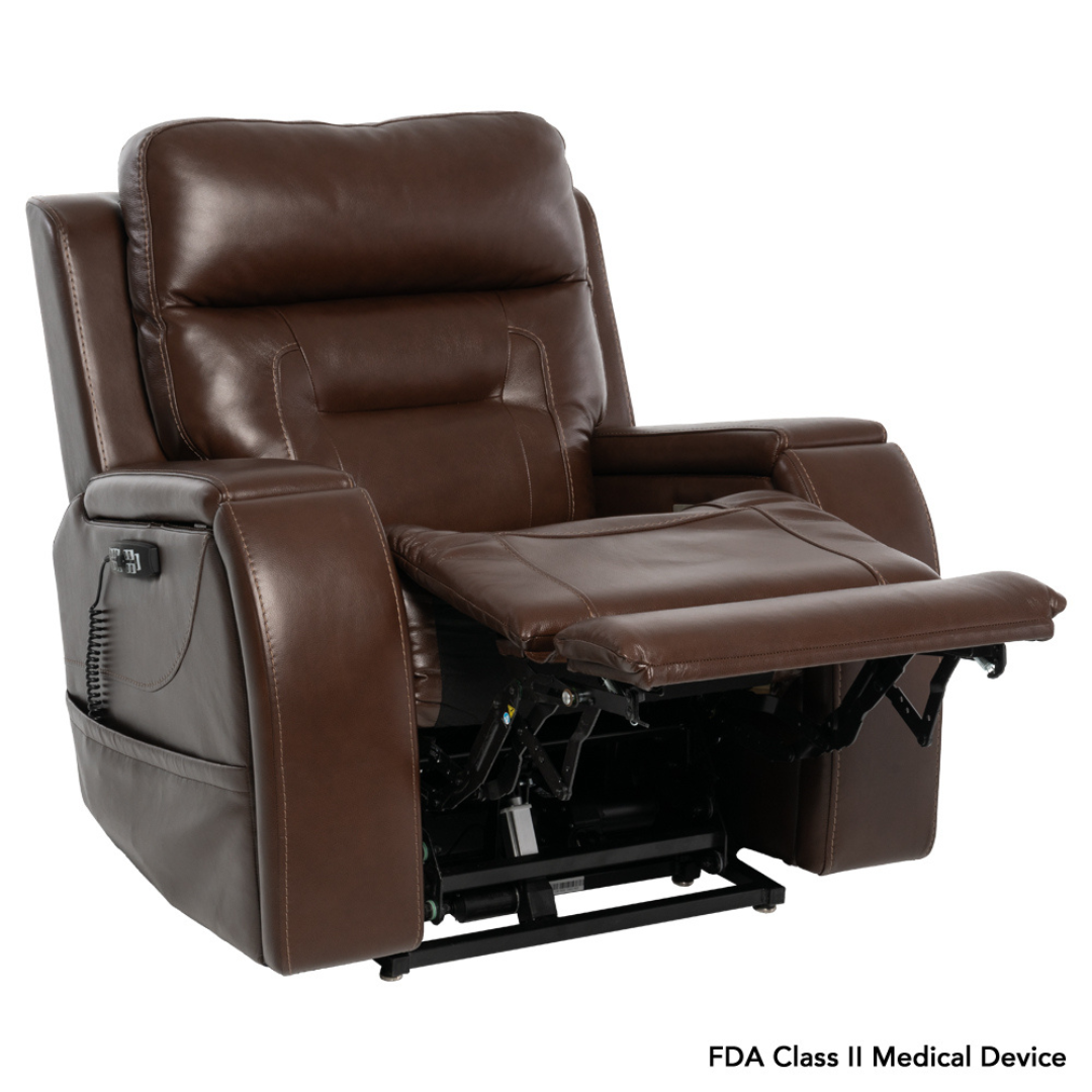 A brown leather Pride VivaLift! Premier Recliner With Assisted Lift, Audio & Massage featuring extended footrest, side control panel, and cushioned backrest. Text on the image: FDA Class II Medical Device.