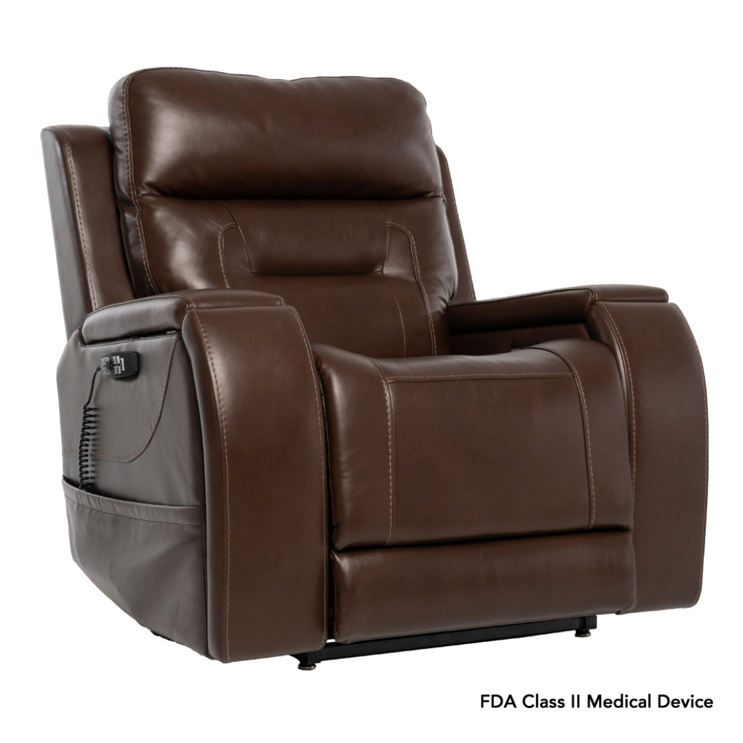 A brown leather Pride VivaLift! Premier Recliner With Assisted Lift, Audio & Massage, classified as an FDA Class II Medical Device, features padded armrests and a side control panel, set against a plain white background.