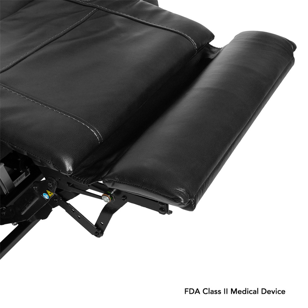 Close-up of a Pride VivaLift! Premier Recliner With Assisted Lift, Audio & Massage with extended footrest and visible metal lift mechanism. Text in the corner reads, FDA Class II Medical Device.