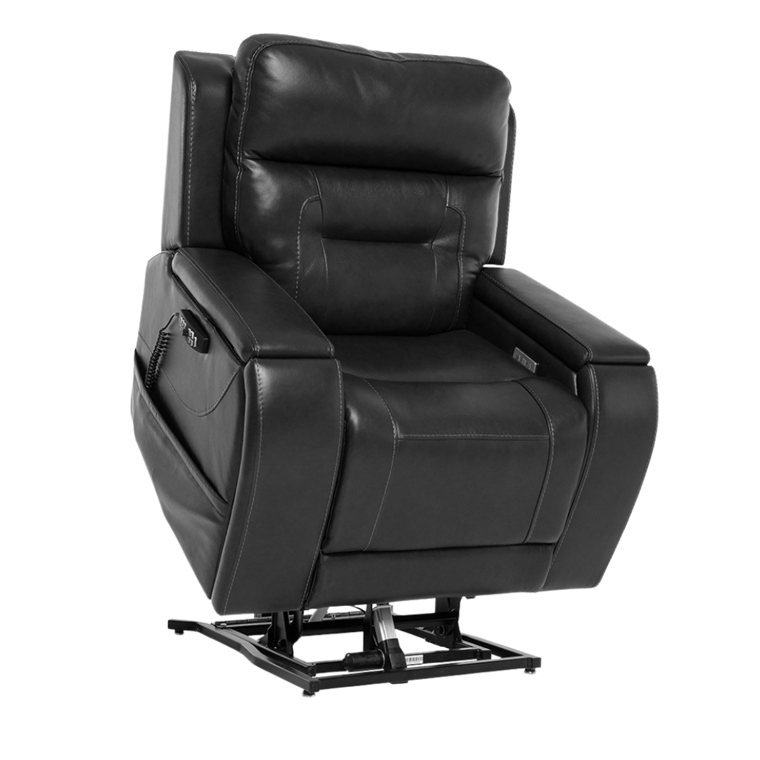 The Pride VivaLift! Premier Recliner With Assisted Lift, Audio & Massage is a black leather power lift chair with thick padded cushions, wide armrests, and a side remote control pocket, shown partially raised.