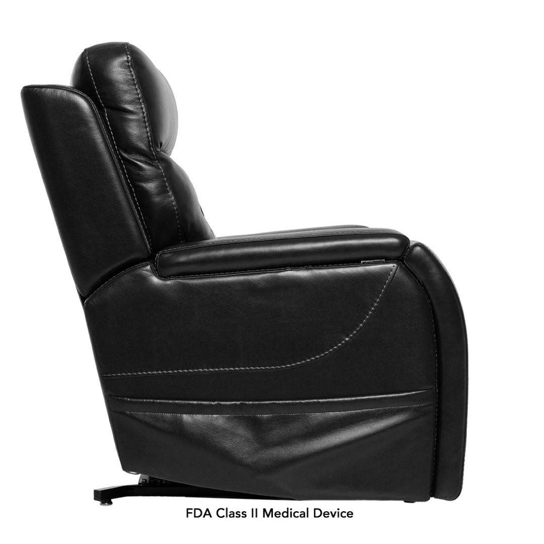 Black leather Pride VivaLift! Premier Recliner With Assisted Lift, Audio & Massage shown from the side against a white background, displaying seat, backrest, and armrest. Text below reads PLR-5900 FDA Class II Medical Device.
