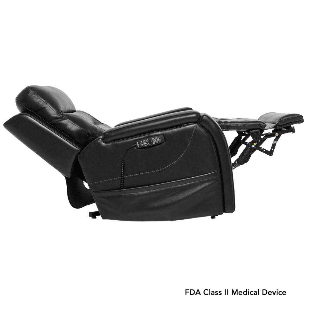 A black Pride VivaLift! Premier PLR5900 Recliner With Assisted Lift is shown fully reclined with the footrest extended. "FDA Class II Medical Device" appears in the bottom right corner.
