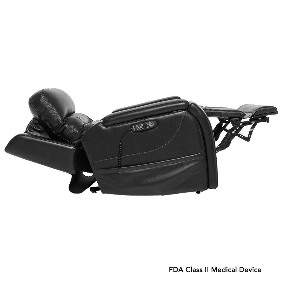 A black Pride VivaLift! Premier Recliner With Assisted Lift, Audio & Massage is fully extended to showcase its padded headrest, backrest, armrests, and leg support. “FDA Class II Medical Device” appears in the bottom right corner.