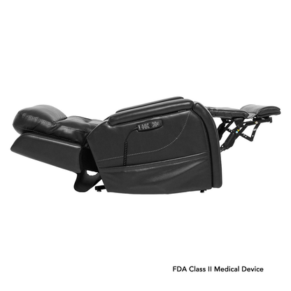 The Pride VivaLift! Premier Recliner With Assisted Lift, Audio & Massage (Model: PLR-5900) in black leather is fully extended with headrest, seat, and elevated footrest visible; FDA Class II medical device.