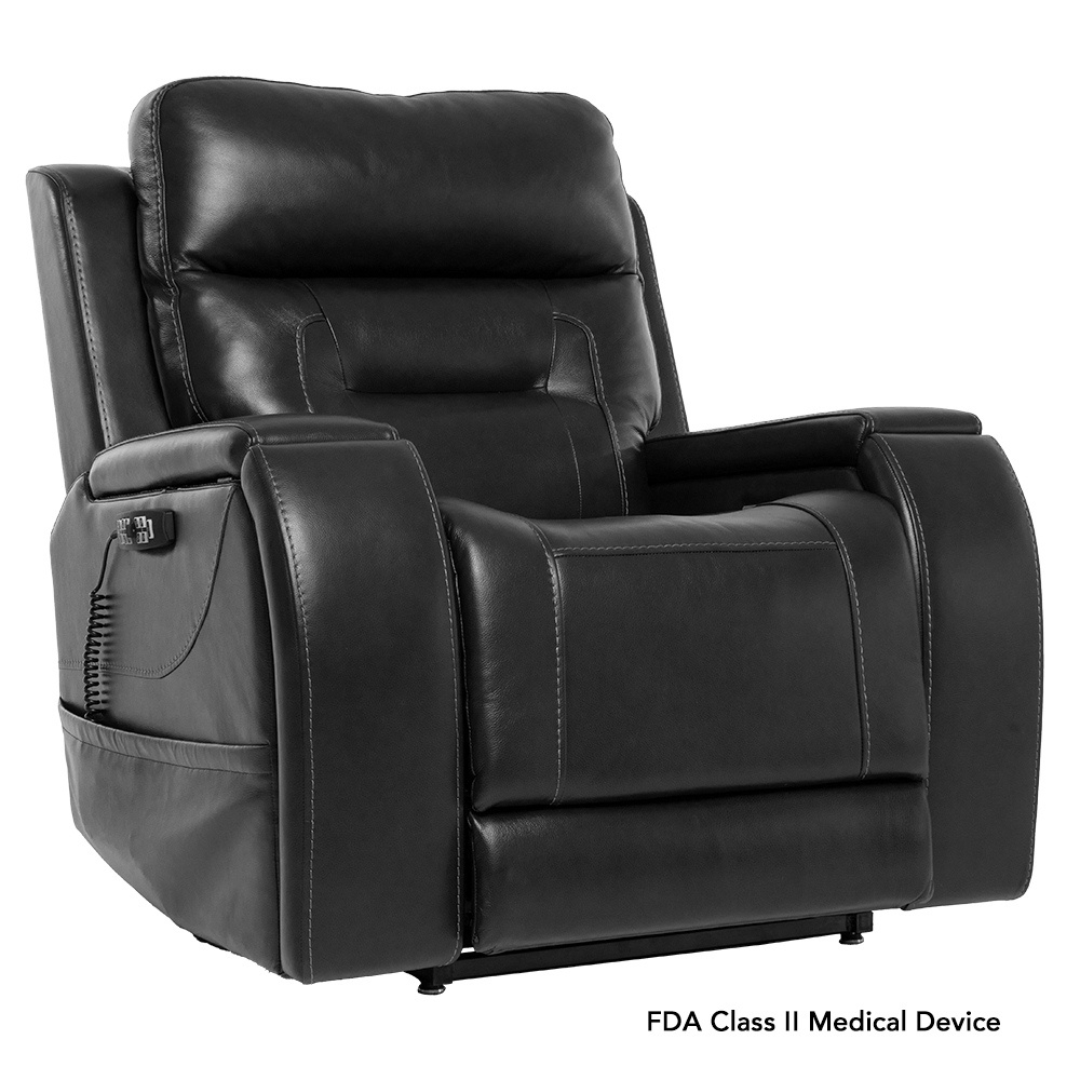 A black leather Pride VivaLift! Premier Recliner With Assisted Lift, Audio & Massage features padded armrests, a cushioned backrest, and a left-side remote. “FDA Class II Medical Device” text appears in the lower right corner.