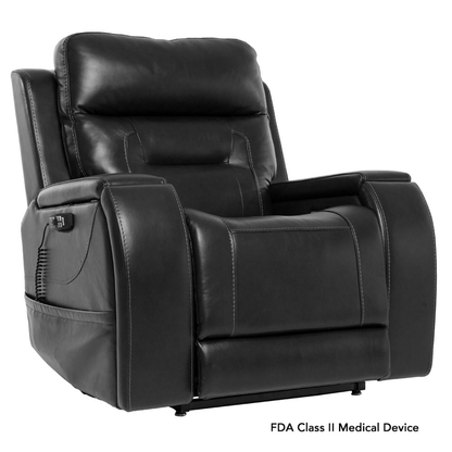 A black leather Pride VivaLift! Premier Recliner With Assisted Lift, Audio & Massage features padded armrests, a cushioned backrest, and a left-side remote. “FDA Class II Medical Device” text appears in the lower right corner.