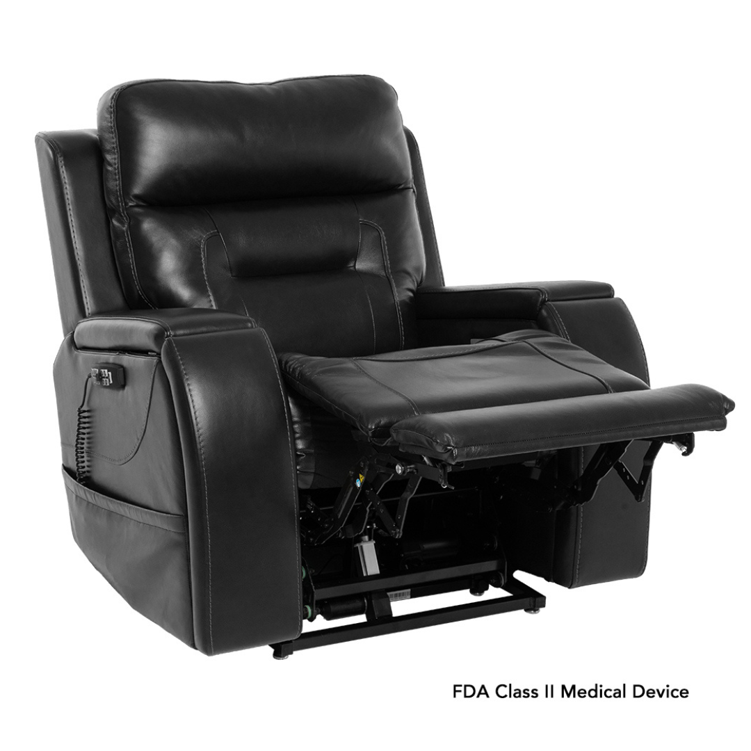 The Pride VivaLift! Premier Recliner With Assisted Lift, Audio & Massage in black leather features an extended footrest, padded armrests, visible remote controls, and displays "FDA Class II Medical Device" in the corner.