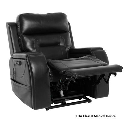 The Pride VivaLift! Premier Recliner With Assisted Lift, Audio & Massage in black leather features an extended footrest, padded armrests, visible remote controls, and displays "FDA Class II Medical Device" in the corner.