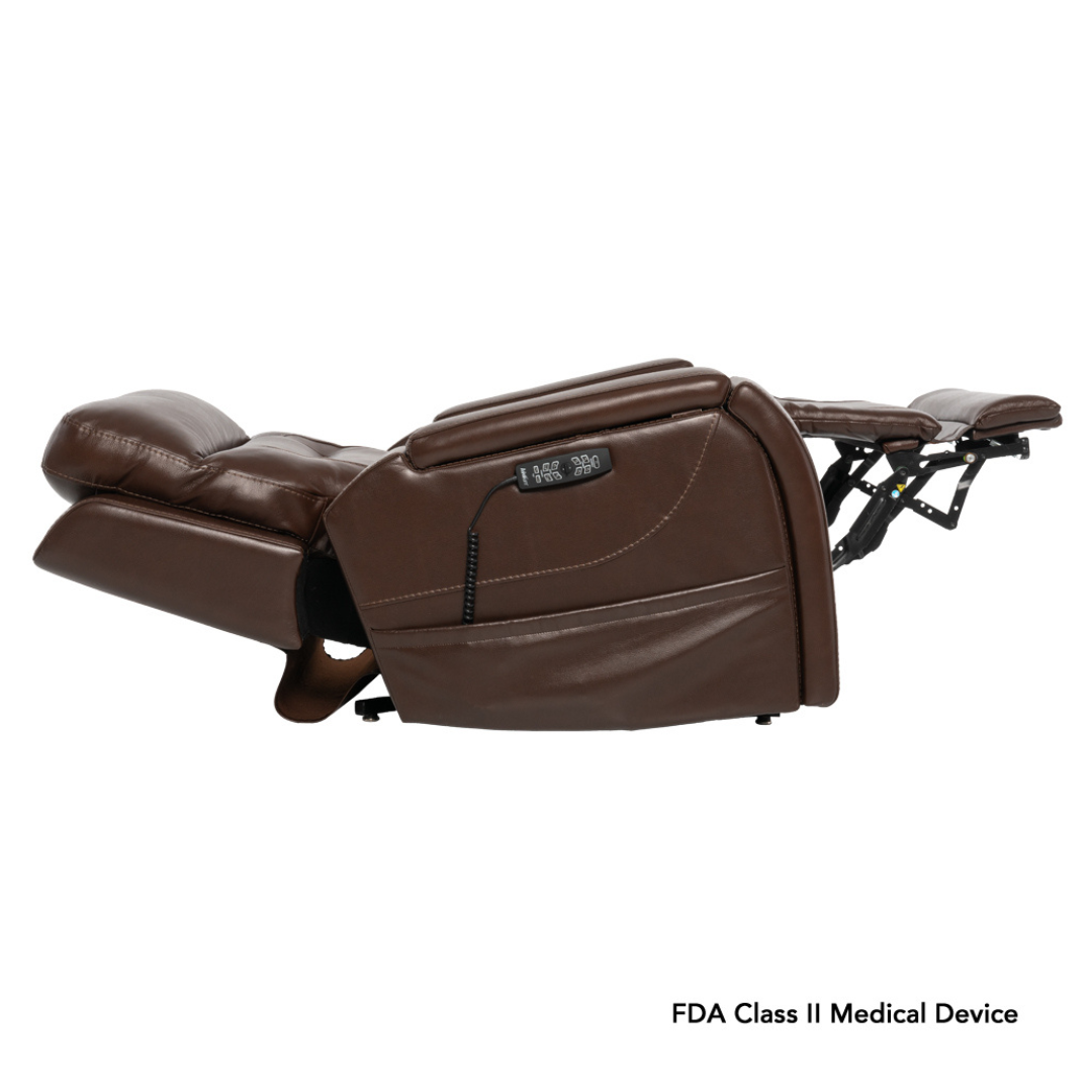 A brown Pride VivaLift! Premier Recliner with assisted lift, audio, and massage features, fully extended with raised footrest and lowered backrest; classified as an FDA Class II Medical Device.