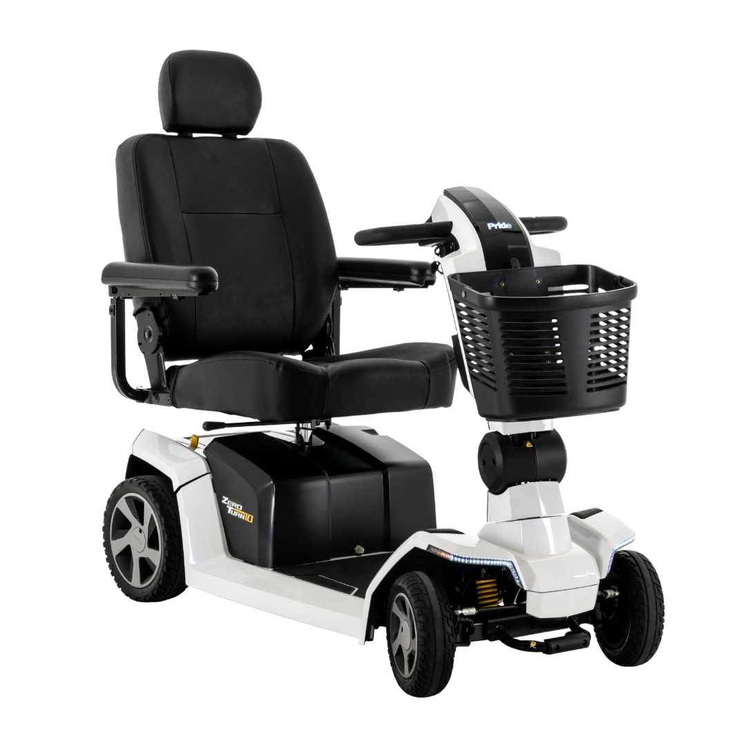 The Pride Mobility Zero Turn 10 HD Scooter is a black and white mobility scooter with a padded seat, armrests, backrest, headrest, control panel, front black basket, and EZ Turn Technology for superior maneuverability.