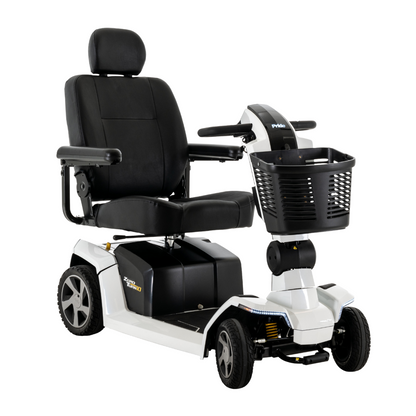 The Pride Mobility Zero Turn 10 HD Scooter is a black and white mobility scooter with a padded seat, armrests, backrest, headrest, control panel, front black basket, and EZ Turn Technology for superior maneuverability.