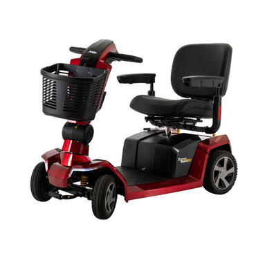The Pride Mobility Zero Turn 10 HD Scooter is a red, four-wheel mobility scooter with a black seat, armrests, front basket, and advanced EZ Turn Technology for enhanced mobility and comfort.