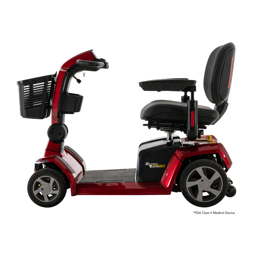 Side view of a red Pride Mobility Zero Turn 10 HD Scooter with EZ Turn Technology, black cushioned seat, armrests, front basket, and sturdy tires—ideal midsize scooter for personal transportation assistance.