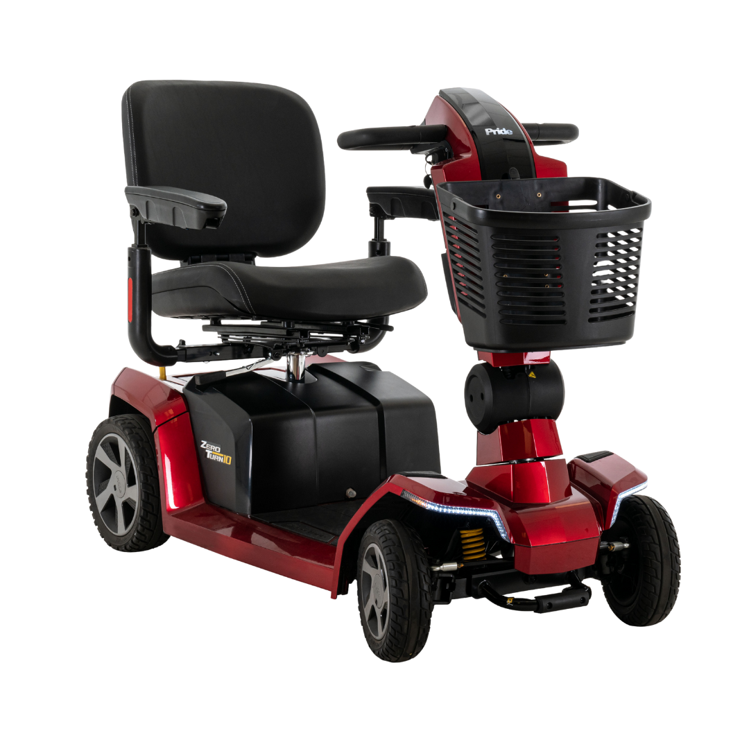 The Pride Mobility Zero Turn 10 HD Scooter is a red midsize scooter with a black seat, armrests, front basket, and four wheels. It features EZ Turn Technology for easy maneuvering in tight spaces, ensuring accessible personal transportation.
