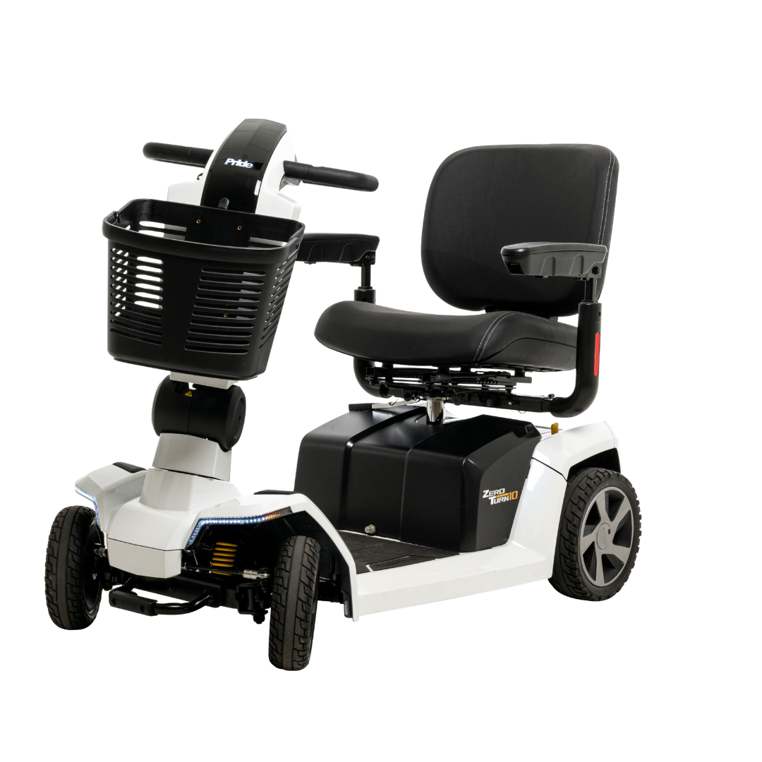 The Pride Mobility Zero Turn 10 HD Scooter is a black and white midsize four-wheel scooter with a front basket, padded seat, armrests, and advanced EZ Turn Technology for easy transport and smooth rides.