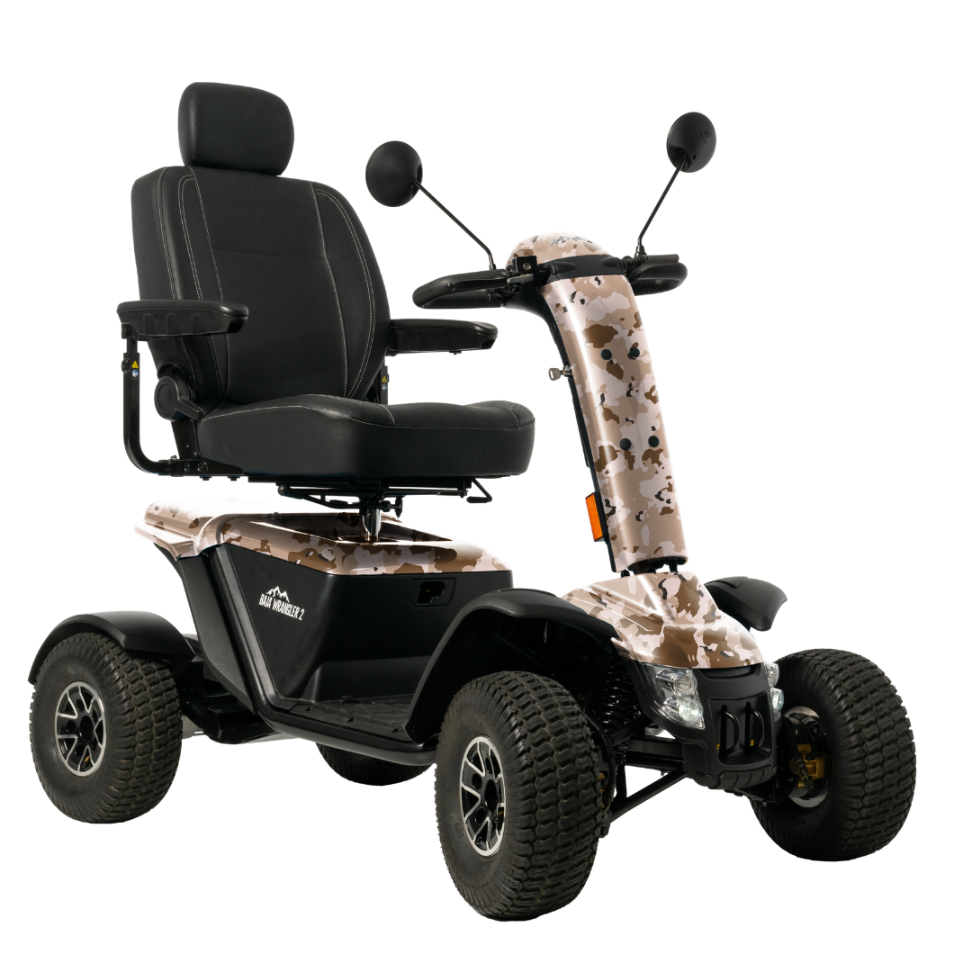 The Pride Baja® Wrangler® 2 Heavy Duty Outdoor Scooter is a four-wheel, all-terrain mobility scooter with large tires, a high-back seat, armrests, camouflage body, and advanced safety features for outdoor use.