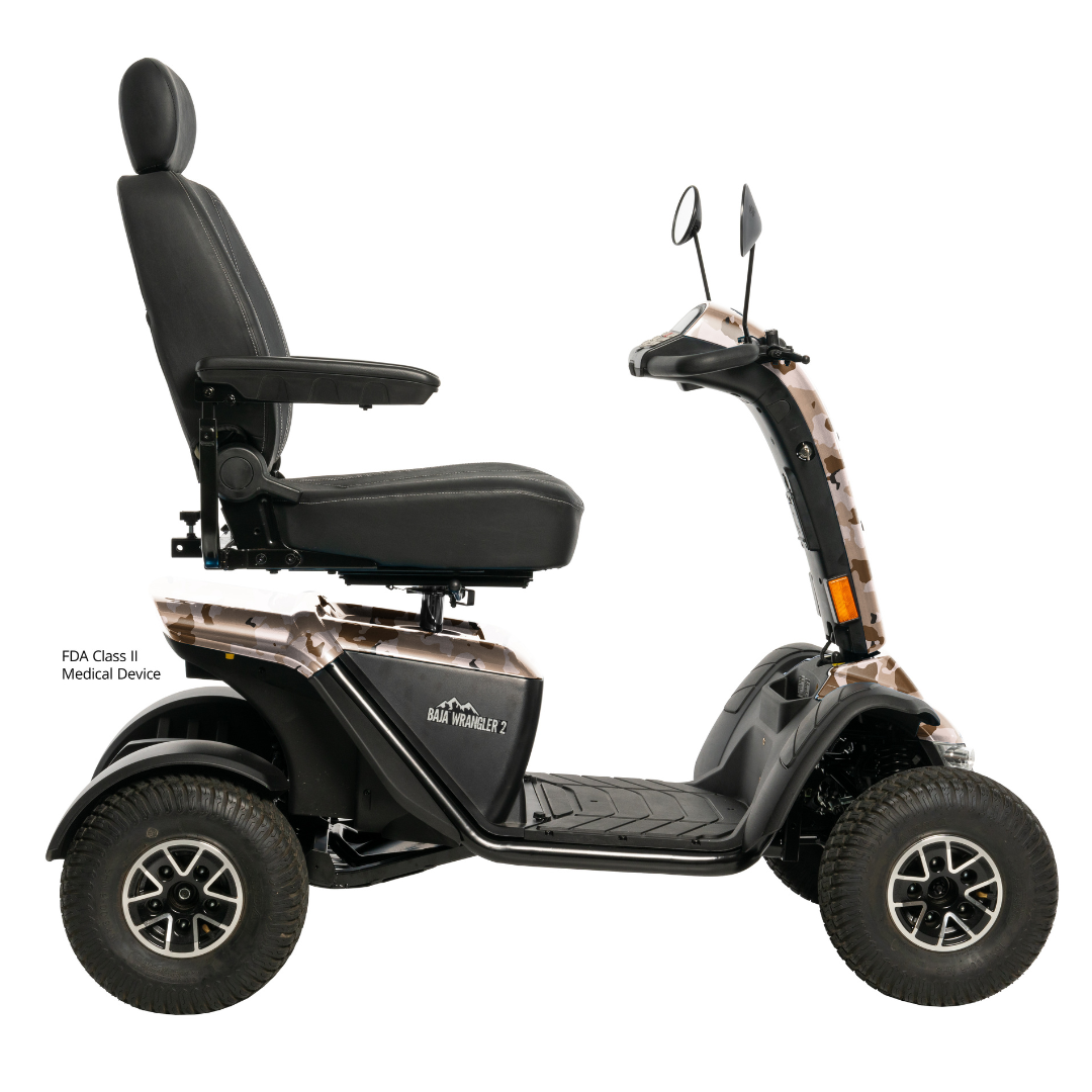 The Pride Baja® Wrangler® 2 Heavy Duty Outdoor Scooter with Canopy is a four-wheeled, all-terrain mobility scooter featuring a high-backed seat, armrests, mirrors, rugged tires, and a black design with tan accents for comfort and versatility.