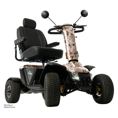 The Pride Baja® Wrangler® 2 Heavy Duty Outdoor Scooter with Canopy is an all-terrain scooter featuring a camouflage body, black cushioned seat with armrests and headrest, rugged tires, handlebar controls with mirrors, and top outdoor performance.
